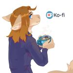 anthro blue_clothing blue_topwear clothed clothing container corzh77 cup dragon ears_back eyelashes female fur furred_dragon glistening glistening_eyes hair hi_res holding_container holding_cup holding_object inner_ear_fluff ko-fi looking_at_viewer mouth_closed orange_hair pivoted_ears solo steam tail tan_body tan_ears tan_fur tan_inner_ear_fluff tan_tail topwear tuft