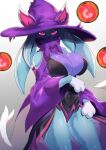 2024 absurd_res anthro big_breasts big_hat breasts cleavage clothed clothing eyelashes felid feline female front_view fur hat headgear headwear hi_res katress mammal pal_(species) palworld paws simple_background solo torahime witch_hat