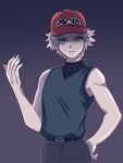  1boy bare_arms bare_shoulders baseball_cap belt blue_eyes closed_mouth fingernails grey_background grey_pants hand_on_own_hip hand_up hat headwear_writing highres hunter_x_hunter killua_zoldyck korean_commentary layered_shirt looking_at_viewer male_focus pants red_headwear seuyugye sharp_fingernails shirt short_hair simple_background sleeveless sleeveless_shirt solo toned toned_male turtleneck v-neck white_hair 