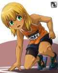  bike_shorts blonde_hair blush character_name dark_skin green_eyes highres inazuma_eleven inazuma_eleven_(series) kaminosaki1 looking_at_viewer male_focus miyasaka_ryou shoes solo sportswear track_and_field track_uniform 