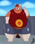 absurd_res ailurid anthro belly bottomwear clothing feet fur hi_res male mammal overweight overweight_male pants purple_eyes red_body red_fur red_panda ring shirt solo t-shirt topwear white_feet white_hands