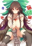  :/ areola_slip areolae bird_wings black_hair black_legwear black_wings blush bow breasts cape closed_mouth commentary feathered_wings gauntlets green_bow green_skirt hair_between_eyes hair_bow highres large_breasts long_hair looking_at_viewer navel red_eyes reiuji_utsuho shirt single_gauntlet sitting skirt solo thighhighs third_eye torn_clothes torn_legwear torn_shirt torn_skirt touhou uchisukui v-shaped_eyebrows v_arms very_long_hair wings 