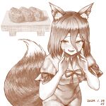  1girl animal_ears blush commentary_request dated fang fox_ears fox_girl fox_tail greyscale hair_between_eyes jumpsuit kudamaki_tsukasa looking_at_viewer monochrome nokimenayu open_mouth short_sleeves smile solo tail touhou 