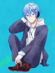  1boy ahoge blue_background blue_eyes blue_hair blush full_body hair_between_eyes headphones highres hood hoodie kaito_(vocaloid) knees_up looking_at_viewer male_focus project_diva_(series) samecan school_uniform school_uniform_parka_(module) shoes short_hair sitting smile sneakers solo vocaloid white_hoodie 