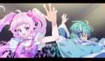  2girls aozora_himari arm_up audience blue_hair blue_jacket blunt_bangs blurry blurry_background bow commentary_request concert fujidera_minori glowstick green_hair hair_bow hand_on_headphones headphones highres himitsu_no_aipri idol_clothes in-franchise_crossover jacket letterboxed long_hair looking_at_viewer looking_to_the_side multicolored_hair multiple_girls omega_auru omega_auru_(primagista) open_mouth penlight_(glowstick) pink_bow pink_hair pretty_series purple_bow purple_eyes short_hair smile streaked_hair tsujii_ruki twintails upper_body voice_actor_connection waccha_primagi! 