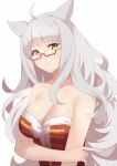  1girl ahoge animal_ears bare_shoulders biwa_hayahide_(umamusume) breasts cleavage closed_mouth commentary_request corset grey_hair highres horse_ears horse_girl large_breasts long_hair looking_at_viewer miya_star_saa red-framed_eyewear red_corset semi-rimless_eyewear simple_background solo starting_future_(umamusume) umamusume upper_body very_long_hair white_background yellow_eyes 