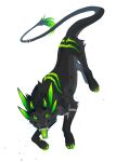absurd_res accessory ambiguous_gender black_body black_fur claws corzh77 fangs feral fur furgonomics glistening glistening_eyes green_claws green_eyes green_horn green_inner_ear green_markings green_sclera green_tongue grey_body grey_fur hi_res horn jewelry looking_at_viewer markings open_mouth quadruped ring simple_background solo species_request tail tail_accessory tail_jewelry tail_ring tail_tuft teeth tongue tuft white_background