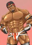  1boy abs bara brown_eyes bulge clenched_hands cowboy_shot crotch_cutout dark-skinned_male dark_skin facial_hair goatee grin jockstrap konnezuwrestle large_pectorals live_a_hero looking_to_the_side male_focus male_underwear mature_male muscular muscular_male mustache_stubble navel nipples no_mask pectorals polaris_mask_(live_a_hero) shiny_skin short_hair smile solo stomach strongman_waist stubble thick_eyebrows thick_thighs thighs topless_male underwear wrestling_outfit 