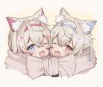  2girls :3 animal_ear_fluff animal_ears annin_oekaki bandaid bandaid_hair_ornament blonde_hair blue_eyes blue_hair brown_background brown_scarf crossed_bangs dog_ears dog_girl fake_horns fangs fuwawa_abyssgard gradient_background hair_between_eyes hair_intakes hair_ornament hairband hairpin highres hololive hololive_english horns looking_at_viewer mococo_abyssgard multicolored_hair multiple_girls one_eye_closed open_mouth pink_eyes pink_hair portrait scarf shared_clothes shared_scarf siblings sisters skin_fangs smile streaked_hair twins white_background x_hair_ornament 