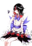  absurdres apple bad_id bad_pixiv_id black_hair blue_ribbon bracelet bug butterfly buttons dress eating food fruit highres holding holding_food holding_fruit horns insect jewelry kijin_seija multicolored_hair puffy_short_sleeves puffy_sleeves red_eyes red_hair ribbon sheya short_hair short_sleeves solo streaked_hair touhou white_background white_hair 