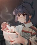  absurdres blue_hair bowl eating forest hair_bun highres holding holding_bowl holding_spoon looking_at_viewer maegami_(daisuki_oekaki1) multicolored_shirt nature plaid plaid_shirt shima_rin shirt simple_background single_hair_bun spoon steam sweat yurucamp 