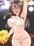  1girl :d arm_up armpits ashigara_(kancolle) bikini blurry blurry_background blush bouncing_breasts breasts brown_eyes brown_hair cheerleader collarbone commentary_request fang furaggu_(frag_0416) hair_between_eyes highres holding holding_pom_poms kantai_collection long_hair medium_breasts micro_bikini navel open_mouth pom_pom_(cheerleading) sidelocks smile solo standing swimsuit white_bikini 