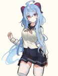  1girl ahoge alternate_costume blue_hair breasts ganyu_(genshin_impact) genshin_impact goat_horns highres horns large_breasts light_blue_hair long_hair looking_at_viewer mo_(mo80_rr) purple_eyes qingxin_flower school_uniform smile solo 