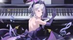  1girl absurdres bare_shoulders blue_archive blush breasts dress earrings elbow_gloves fromgod_jungle gloves hair_ribbon halo highres hina_(blue_archive) hina_(dress)_(blue_archive) horns instrument jewelry looking_at_viewer looking_back medium_hair multiple_horns necklace piano purple_dress purple_eyes purple_gloves ribbon small_breasts solo swept_bangs white_hair wings 