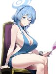  1girl ako_(blue_archive) ako_(dress)_(blue_archive) blue_archive blue_dress blue_eyes blue_hair bracelet breasts chair crossed_legs cup dress drinking_glass halo highres holding holding_cup hyury jewelry large_breasts looking_at_viewer purple_nails sideboob sitting solo thighs wine_glass 