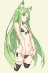  :&lt; animal_ears bangs bikini black_bikini black_legwear blush breasts collarbone crescent crescent_hair_ornament cropped_legs front-tie_bikini front-tie_top goekawa green_eyes green_hair groin hair_ornament kantai_collection kemonomimi_mode long_hair looking_at_viewer lowleg lowleg_bikini nagatsuki_(kantai_collection) navel side-tie_bikini sidelocks simple_background small_breasts solo string_bikini swimsuit thighhighs very_long_hair yellow_background 