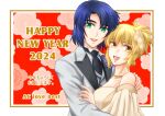  1boy 1girl 2024 athrun_zala blonde_hair blue_hair cagalli_yula_athha couple dress green_eyes gundam gundam_seed looking_at_viewer new_year parubinko suit tuxedo yellow_eyes 