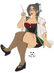 accessory age_difference asian big_breasts blood bodily_fluids breasts claw_marks clothing drooling eyewear female genital_fluids glasses hai_qing hair_accessory hairpin hi_res justinfox leg_crossed legwear mature_female older_female precum saliva sitting smile stockings syringe torn_clothing