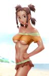  1girl bare_shoulders beach braid breasts brown_eyes brown_hair collarbone commentary_request crop_top dark-skinned_female dark_skin hand_on_own_hip long_hair looking_at_viewer medium_breasts midriff moonbay navel no_bra ocean open_mouth revision short_shorts shorts solo standing twin_braids ueyama_michirou underboob zoids zoids_chaotic_century 