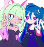  2girls almadeia_ciana animal_ears aqua_ribbon black_dress blue_eyes blue_hair blue_jacket blue_nails blue_shirt breasts bright_pupils cat_ears cleavage cropped_jacket cross cross_necklace dark-skinned_female dark_skin dress earrings fang funamusea_(style) green_hair hair_between_eyes hair_bun hair_ornament hair_ribbon hairclip heart_belt indie_virtual_youtuber jacket jewelry large_breasts light_blush long_hair looking_at_viewer multiple_girls necklace one_eye_closed open_mouth pink_jacket pink_nails pink_pupils poneko_(vtuber) purple_eyes ribbon shirt simple_background skin_fang smile v virtual_youtuber whistle white_background white_pupils yumeijenny 