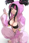  barefoot black_bra black_hair black_nails black_panties bra breasts candy cleavage closed_mouth diagonal_bangs drawstring food hair_over_one_eye han_juri highres holding holding_phone hood hood_up hooded_pajamas lollipop looking_at_viewer medium_breasts moruta_(sunu-pio) multicolored_hair nail_polish navel official_alternate_costume open_pajamas pajamas panties phone pink_eyes pink_hair pink_pajamas pom_pom_(clothes) sidelocks squatting streaked_hair street_fighter street_fighter_6 twintails two-tone_hair underwear white_background zipper_pull_tab 