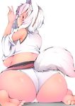  ass breasts commentary_request crop_top highres huge_breasts inubashiri_momiji looking_at_viewer looking_back microskirt panties shishi_juuroku short_hair simple_background sitting skirt solo thick_eyebrows thick_thighs thighs touhou underboob underwear wariza white_background white_hair white_panties 