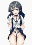  1girl absurdres ass_visible_through_thighs black_hair black_vest breasts clothes_lift cowboy_shot gloves hair_ornament hairclip highres kantai_collection lifted_by_self long_hair medium_breasts miniskirt navel open_mouth oyashio_(kancolle) oyashio_kai_ni_(kancolle) pleated_skirt shirt short_sleeves simple_background skirt skirt_lift solo standing vest white_gloves white_shirt yaegashi_(muzzuleflash) 
