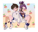  2boys applin black_hair blush brown_eyes brown_hair closed_mouth florian_(pokemon) flying_sweatdrops full_body gloves heart highres holding_hands jacket japanese_clothes kieran_(pokemon) male_focus mole mole_on_neck multicolored_hair multiple_boys off_shoulder open_clothes open_jacket orange_eyes partially_fingerless_gloves pokemon pokemon_(creature) pokemon_sv pori_io purple_hair red_gloves shoes shorts signature single_glove white_footwear white_jacket yaoi 