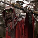  1boy absurdres adeptus_mechanicus commentary cyborg english_commentary glowing glowing_eyes green_eyes highres holding holding_staff hood male_focus mechanical_arms outdoors patchwork_clothes phoebe_herring pine_tree realistic red_hood red_robe robe solo staff tan techpriest tree warhammer_40k 