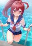 1girl ahoge blue_one-piece_swimsuit blue_sailor_collar blush breasts dorachan_r hair_ribbon highres i-168_(kancolle) kantai_collection long_hair looking_at_viewer one-piece_swimsuit ponytail pool pool_ladder poolside red_eyes red_hair ribbon sailor_collar school_swimsuit school_uniform see-through serafuku small_breasts swimsuit swimsuit_under_clothes water wet wet_clothes 