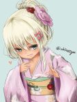  1girl :d akino_shuu blonde_hair blue_background bow collarbone commentary_request floral_print flower grecale_(kancolle) green_eyes hair_between_eyes hair_bow hair_flower hair_ornament japanese_clothes kantai_collection kimono long_sleeves looking_at_viewer obi pink_bow pink_flower pink_kimono print_kimono red_flower sash sidelocks simple_background sleeves_past_wrists smile solo tan twitter_username wide_sleeves 
