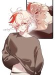  1boy alternate_costume black_sweater closed_mouth genshin_impact hair_between_eyes hand_under_clothes highres jesse_(pixiv34586727) kaedehara_kazuha long_sleeves looking_at_viewer male_focus messy_hair multicolored_hair multiple_views one_eye_closed parted_lips red_eyes red_hair simple_background streaked_hair sweater upper_body waking_up white_background white_hair 