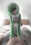  2016 bed clothed clothing cowgirl_position duo female female_on_top gardevoir green_hair hair hair_over_eye human human_on_humanoid humanoid interspecies ion-27 lying male mammal nintendo nude on_back on_top open_mouth pok&eacute;mon pok&eacute;philia red_eyes sex spread_legs spreading tongue tongue_out video_games white_body 
