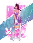  absurdres animal_ears artist_name bare_shoulders boots breasts brown_hair bunny_ears collar collarbone d.va_(overwatch) dress eyebrows facial_tattoo gloves highres krystopher_decker legs lips looking_at_viewer overwatch purple_dress signature solo tattoo white_footwear white_gloves 