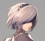  android black_blindfold black_hairband blindfold bob_cut closed_mouth facing_back facing_viewer grey_background hairband lips mole mole_under_mouth nier_(series) nier_automata oda_non short_hair silver_hair simple_background solo turtleneck yorha_no._2_type_b 