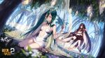  2girls bare_shoulders barefoot benghuai_xueyuan black_hair breasts copyright_name delta_(benghuai_xueyuan) detached_sleeves energy_wings floating green_eyes hair_between_eyes halo highres honkai_(series) insect_wings logo long_hair multicolored_hair multiple_girls mushoku_kika navel official_art open_mouth outdoors red_eyes sandals second-party_source sitting skirt thighhighs tree two-tone_hair wariza wings yellow_eyes 