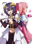  1-4daithi 2girls absurdres ahoge aqua_eyes back-to-back back_bow black_pasties blush bow breastless_clothes breasts commentary corset dress drill_hair drooling elbow_gloves fold-over_gloves forward_facing_horns gloves hanabishi_haruka highres hiiragi_utena holding holding_riding_crop holding_wand horns lowleg lowleg_pants magia_baiser magia_magenta magical_girl mahou_shoujo_ni_akogarete mouth_drool multiple_girls navel open_mouth pants pasties pink_bow pink_dress pink_gloves pink_hair puffy_short_sleeves puffy_sleeves purple_corset purple_hair purple_pasties revealing_clothes riding_crop short_hair short_sleeves showgirl_skirt shrug_(clothing) simple_background smile star_(symbol) star_pasties symbol-shaped_pupils teeth twin_drills twintails upper_teeth_only wand white_shrug wings yellow_eyes yellow_horns 
