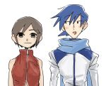  1boy 1girl :3 arms_at_sides black_eyes blue_hair blue_scarf blush brown_eyes brown_hair closed_mouth coat highres jacket kaito_(vocaloid) long_sleeves looking_at_another looking_at_viewer looking_to_the_side meiko_(vocaloid) nata_shelf no_sclera open_mouth raised_eyebrows red_jacket scarf short_hair side-by-side simple_background sleeveless sleeveless_jacket smile straight-on upper_body vocaloid white_background white_coat 