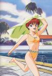  1980s_(style) arm_up barefoot bikini blue_eyes breasts bush clothes_writing cloud cloudy_sky day happy highres izumi_noa kidou_keisatsu_patlabor navel non-web_source official_art open_mouth orange_hair outdoors palm_tree pavement pool pool_ladder poolside retro_artstyle running shadow short_hair sky small_breasts smile swimsuit thick_eyebrows tiles towel towel_on_head tree yellow_bikini 