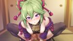  1boy 1girl bare_shoulders black_thighhighs blurry blurry_background breasts censored clothing_aside cowgirl_position genshin_impact green_hair hair_between_eyes hair_ribbon hetero highres indoors jacket kuki_shinobu looking_at_viewer male_pubic_hair medium_breasts mosaic_censoring nipples off_shoulder open_mouth penis pineapp_panda ponytail pov pubic_hair purple_eyes purple_jacket ribbon squatting_cowgirl_position straddling thighhighs 