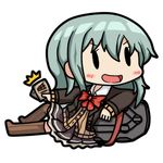  90mm_single_high-angle_gun_mount aqua_hair ascot bamomon blueprint blush brown_legwear chibi commentary emphasis_lines flight_deck jacket kantai_collection long_hair lowres machinery open_mouth pleated_skirt remodel_(kantai_collection) school_uniform simple_background skirt solo suzuya_(kantai_collection) thighhighs 