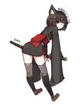  animal_ears artist_name bent_over black_hair black_legwear blush closed_mouth copyright_request eyepatch fox_mask from_behind full_body holding holding_sword holding_weapon japanese_clothes katana kimono kimono_skirt lansane looking_back mask mask_on_head medical_eyepatch obi red_eyes sash signature solo sword thighhighs weapon white_background 