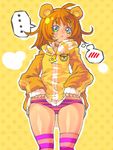  1girl :&lt; ahoge animal_ears bear_ears blonde_hair embarrassed highres jacket jacket_lift kumako multicolored multicolored_eyes original panties pink_legwear pink_panties poch4n polka_dot polka_dot_background short_hair spoken_blush spoken_ellipsis striped striped_legwear striped_panties track_jacket underwear yellow_background yellow_jacket 