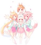  4girls :d ^_^ absurdres amamiya_aki amamiya_mei animal_ear_fluff animal_ears arm_up blazer blonde_hair blue_jacket blue_vest blush breasts brown_hair closed_eyes closed_mouth collared_shirt cynthia_riddle facing_viewer fox_ears fox_girl fox_tail hair_ornament hairband hairclip highres jacket long_hair looking_at_viewer loose_socks low_twintails medium_breasts milia_leclerc mofu-mofu_after_school mofumofu_channel multiple_girls necktie open_clothes open_jacket outstretched_arm p19 petals pink_hair pink_necktie pink_skirt pleated_skirt purple_eyes rabbit_ears school_uniform shirt shoes siblings simple_background sisters skirt smile socks standing standing_on_one_leg tail twintails very_long_hair vest white_background white_footwear white_hair white_hairband white_shirt white_socks x_hair_ornament 