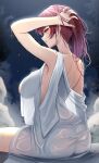  1girl absurdres arm_up ass bathing black_robe blush breasts from_side highres hinoki_kahun0 hololive houshou_marine large_breasts long_hair night night_sky onsen parted_lips ponytail red_eyes red_hair robe sitting sky solo steam virtual_youtuber water wet wet_hair 
