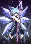  &gt;:) bare_shoulders black_dress black_gloves black_legwear blue_bow blue_eyes blue_hair bow cirno commentary_request crystal_sword dark_persona dress evil_smile full_body gloves hair_bow highres ice ice_wings inyuppo kneeling latex latex_dress latex_gloves latex_legwear looking_at_viewer parted_lips shiny shiny_clothes short_hair sleeveless sleeveless_dress smile solo sword thighhighs touhou v-shaped_eyebrows weapon wings 
