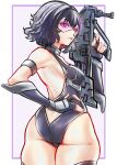 1girl absurdres ai_shou ass black_hair breasts commission detached_sleeves girls&#039;_frontline gun hand_on_own_hip head-mounted_display highres holding holding_gun holding_weapon leotard looking_back medium_breasts multicolored_hair purple_eyes purple_hair purple_leotard ripper_(girls&#039;_frontline) sangvis_ferri second-party_source simple_background solo streaked_hair thighhighs weapon 
