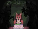 anonymous_artist anthro birthday birthday_cake birthday_candle braided_hair cake canid canine canis countershading dessert ear_piercing ear_ring ethiopian_wolf faceless_character faceless_male female food front_view grin group hair imminent_rape imminent_sex male mammal piercing ring_piercing shess&#039;kah smile text trio unaware were werecanid werecanine werewolf wolf