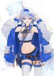  1girl :d absurdres ahoge alternate_costume armpits arms_up bag bare_shoulders belt black_shirt blue_eyes blue_hair blue_hairband blue_jacket blue_nails blue_shorts breasts collarbone cowboy_shot crop_top daeho_cha double_v drop-shaped_pupils earrings furina_(genshin_impact) genshin_impact gentilhomme_usher hair_between_eyes hairband halterneck heterochromia highres jacket jewelry light_blue_hair long_bangs long_hair long_sleeves looking_at_viewer mademoiselle_crabaletta midriff mismatched_pupils multicolored_hair nail_polish navel off_shoulder open_clothes open_fly open_jacket open_mouth oversized_clothes puffy_long_sleeves puffy_sleeves purple_eyes shirt short_shorts shorts shoulder_bag simple_background skindentation sleeveless sleeveless_shirt small_breasts smile solo stomach streaked_hair surintendante_chevalmarin thigh_belt thigh_strap thighhighs toenail_polish toenails undershirt v very_long_hair wavy_hair white_background white_shirt white_sleeves white_thighhighs zipper zipper_pull_tab 