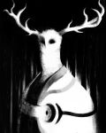  absurdres antlers cloak commentary greyscale high_contrast highres horns horror_(theme) ibumuc monochrome monster no_humans outer_wilds the_stranger&#039;s_inhabitants upper_body 